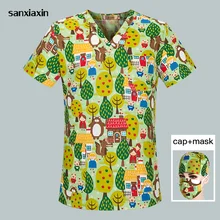 High quality nursing scrubs medical uniform Dental clinic work uniform Cartoon printing unisex pet Nurse doctor top+cap+mask set
