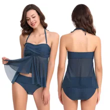 Женский Танкини комплект 2 шт Купальник Холтер бандо твист flyway сетчатый верх с нижней прозрачной купальный костюм бикини набор