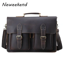 Top Grade Handmade Mens Real Crazy Horse Leather Briefcase Vintage Style Messenger Shoulder 15 inch Laptop Bag Case Handbag 1061