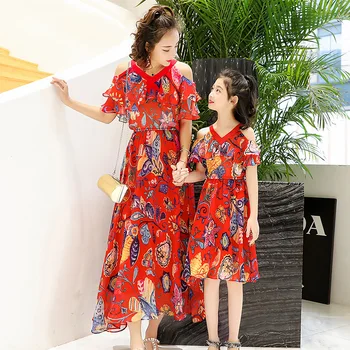 

Mom and Daughter Dress Mother-child Kids Matches Clothes Summer 2018 Bohemian Family Mother Daughter Maxi Long Dress Pareo Set