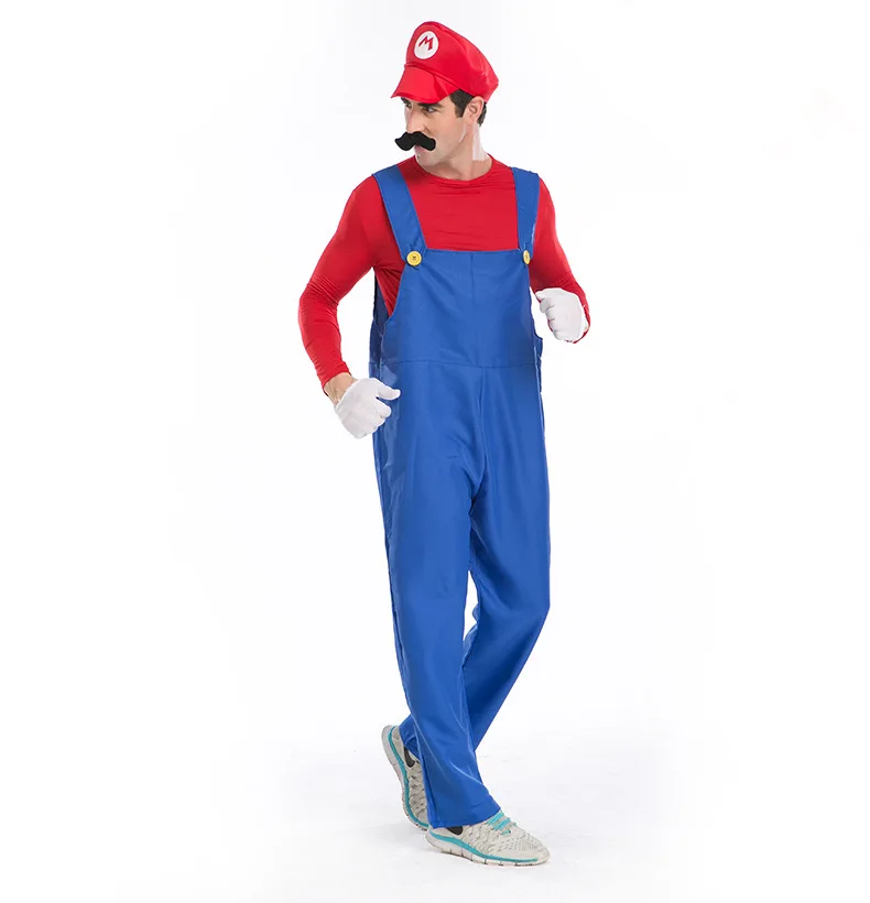 

Genuine Deluxe Adult Super Mario Luigi Brothers Plumber Costume High Quality Halloween Party Dress Up Men Jumpsuit Cosplay