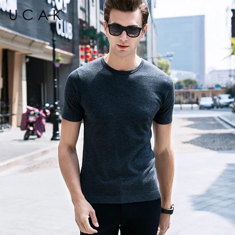 UCAK Brand Sweater Men Casual Short Sleeve O-Neck Pull Homme Pure Merino Wool Pullover Men Autumn Winter Cashmere Sweaters U3003