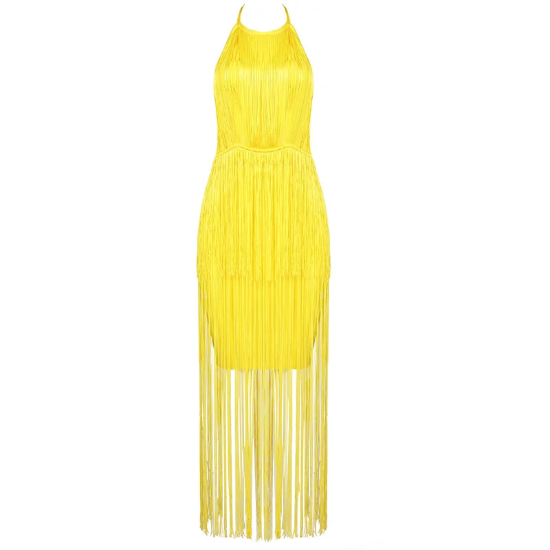 Высококачественное модное платье цвета хаки без рукавов с открытыми плечами и открытой спиной, длинное Бандажное платье из вискозы, вечернее облегающее платье - Цвет: Цвет: желтый