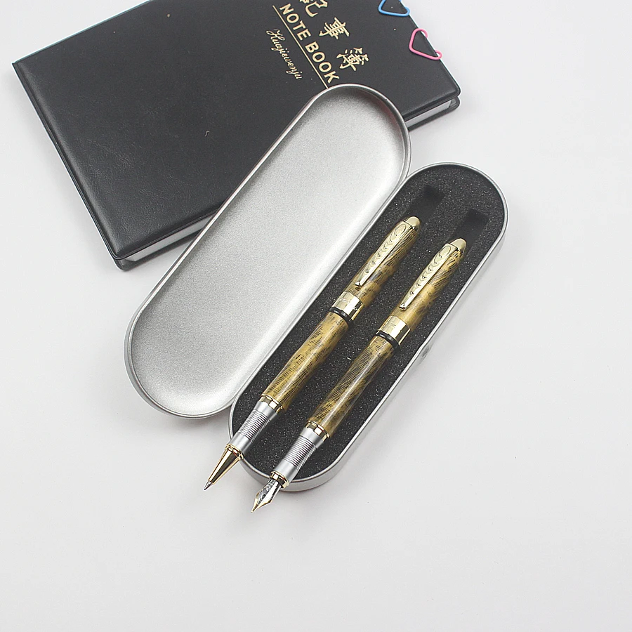 Jinhao250 Роскошные Металлические перьевые ручки, металлическая подарочная коробка, синие и черные чернила для офиса, деловая шариковая ручка