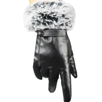 

2019 Hot Winter Glove Women Lady Black Leather Gloves Autumn Winter Warm Rabbit Fur Mittens Winter Warm Accessories #15