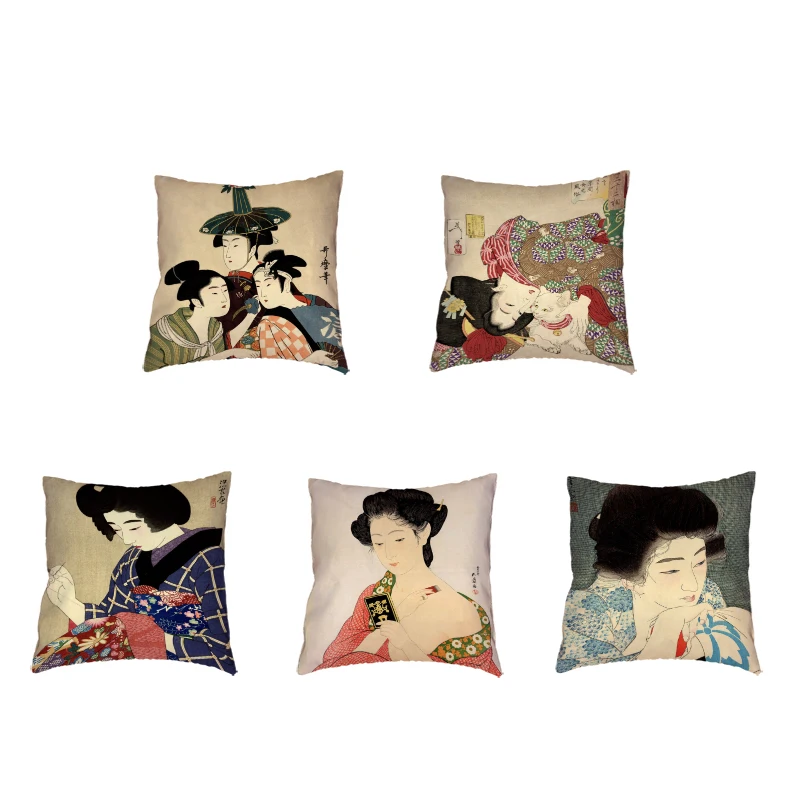 

Japanese Beautiful Woman Wearing Kimono Cushion Cover Polyester Peach Skin Family Bedroom Sofa Chair Decoration Throw Pillowcase