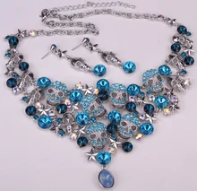 Cráneo estrella collar pendientes establece mujeres biker joyería regalos W/cristal plateado plata antigua NC03 dropshipping al por mayor