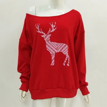 

Harajuku Women Christmas Tshirt Ladies Loose Deer Printing Top One Off Shoulder Long Sleeve Femme T-shirt