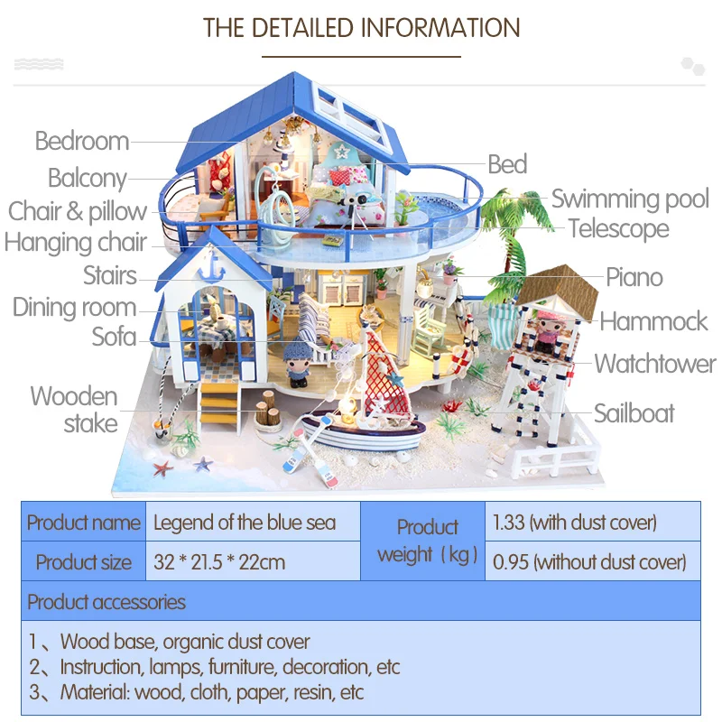 DIY светодиодный кукольный домик морская миниатюрная вилла с мебели деревянный дом комната Модель комплект подарки игрушки для детей Дети Кукольный дом игрушки