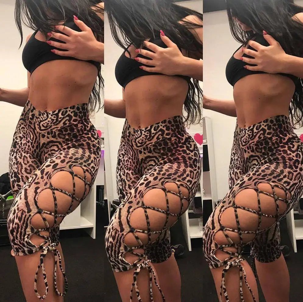 

OMSJ 2019 Hot Sexy Cut Out High Waist Buckle Biker Shorts Womens Stretchy Leopard Print Slim Sporty Buckle Bandage Shorts