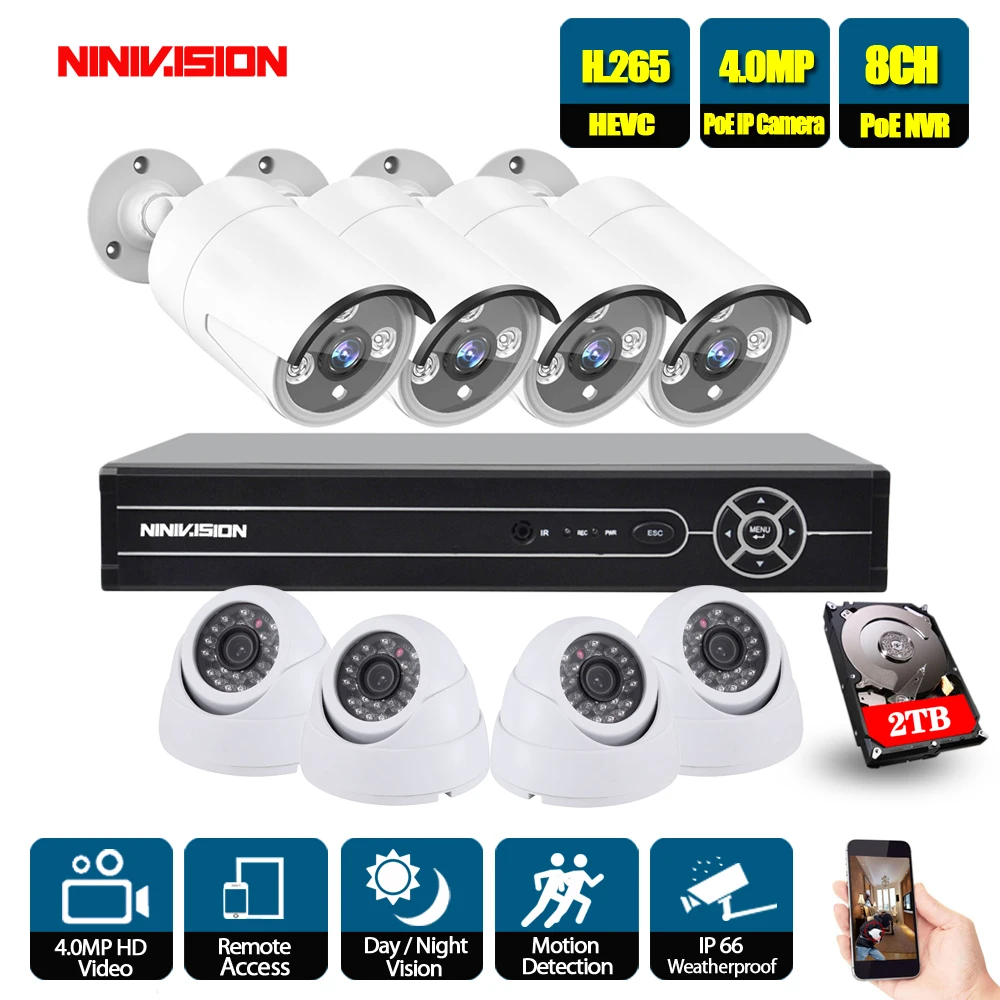 HD H.265 5.0MP POE Security Camera CCTV System 4CH 8CH NVR With 2592*1520 4MP IP Camera Outdoor