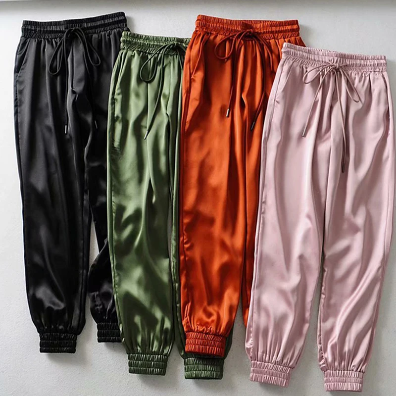 

Summer Satin Cargo Pants Women Europe Loose Casual Sport Women Joggers Streetwear Cargo Pants Women