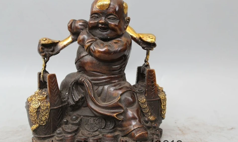

9" Chinese Bronze Gild Wealth 2 Bucket Money Yuanbao Ruyi Tongzi Sculpture