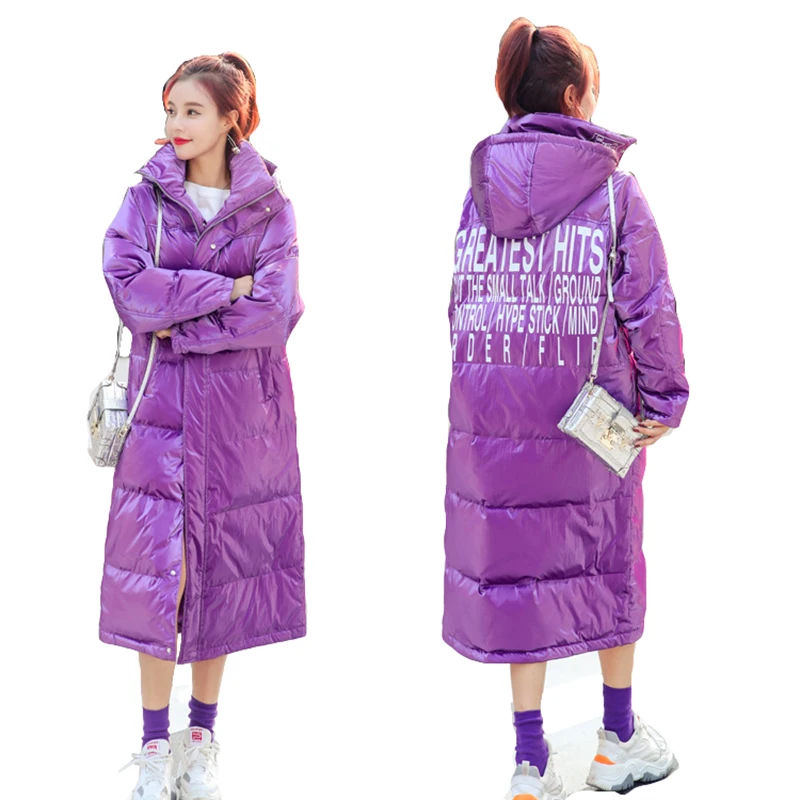 Winter long down jacket female thick warm coat women large size outwear fashion bright face loose hooded jacket woman down coats