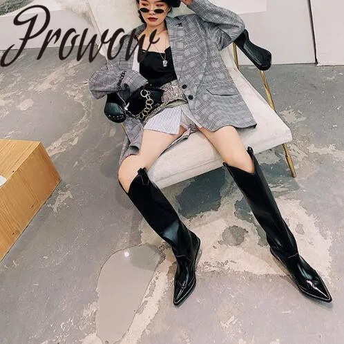

Prowow New Genuine Leather pointed slip on motorcycle boots Gladiator Knee HIgh Clear Crystal Heel Cowboy Women Boots Shoes