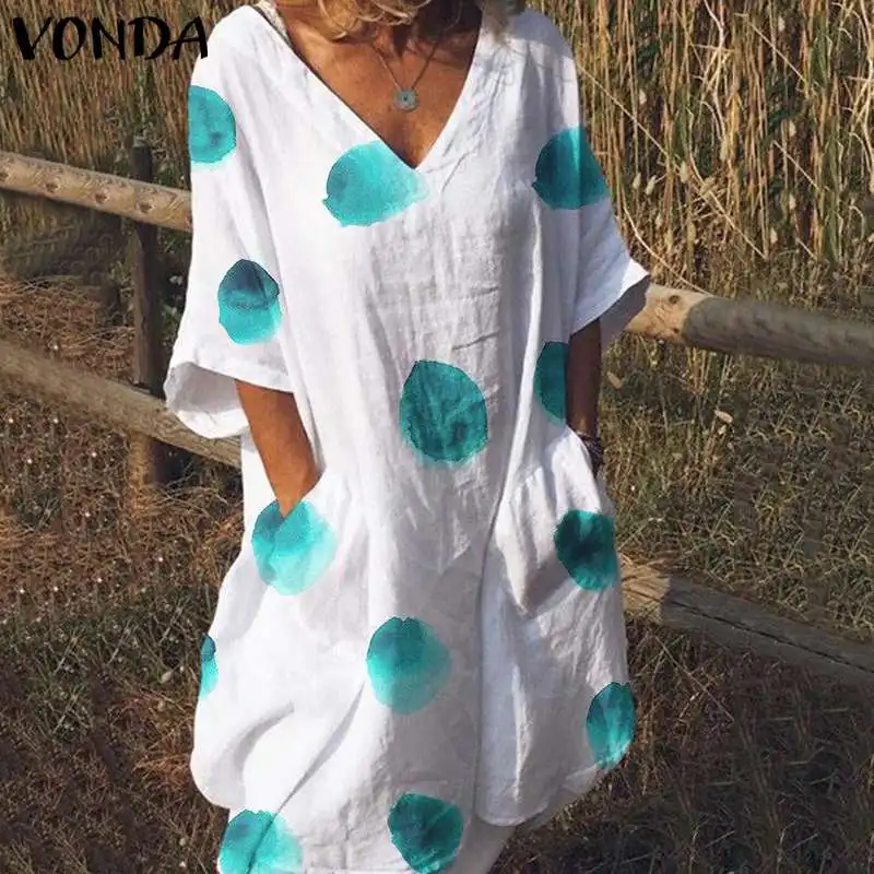 

VONDA Summer Dress Women Vinatge Half Sleeve Dot Printed Dresses Bohemian Sundress 2019 Casual Loose Party Vestidos Plus Size