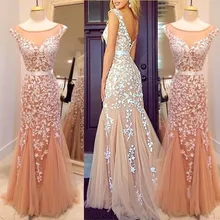Applizierte Lace Tüll Meerjungfrau Abendkleid in Champagner Farbe Rücken Lange Abendkleider Party Kleid Formale Kundenspezifische Größe