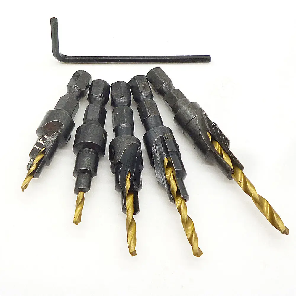  New Arrival High Quality 5 Pcs HSS Countersink Drill Bit Set W/Wrench Hand Tool Set 1/4 Multiple Si