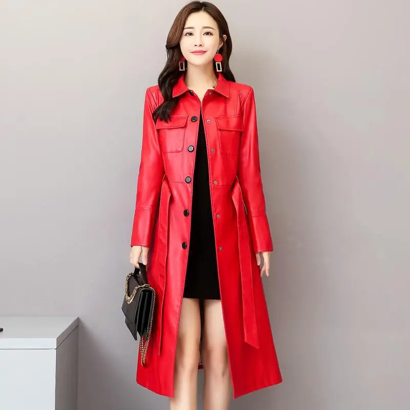 Women Vintage X-long Genuine Sheep Leather Spring Turn-down Collar Single Breasted Plus Size Trench Coats Windbreaker