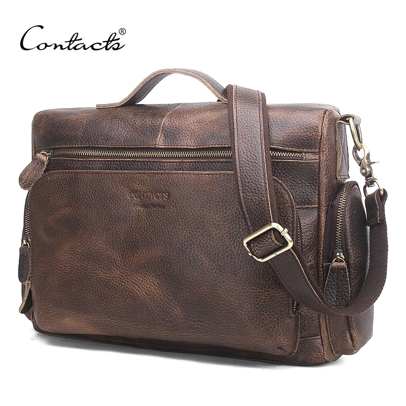 CONTACTS Genuine Leather Men Bag Vintage Totes Handbags Men Messenger Bags Briefcase Mens Travel Bags Shoulder Bag