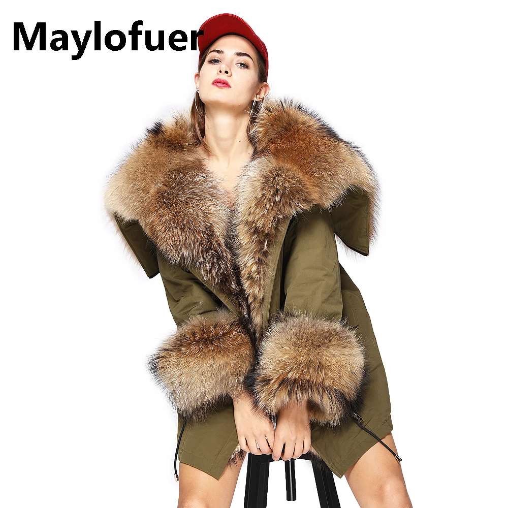

Maylofuer HIGH QUALITY Real Raccoon Fur Coat Women Fur Parka Army Green Full Pelt Raccoon Fox Fur Coats