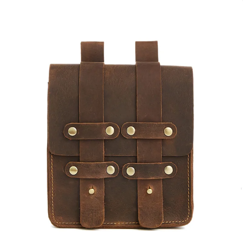 

Genuine Leather Waist Pack Fanny Pack Belt Bag Rivet design Fashion Double hook Travel Male small Waist Pack For iPhone Bags