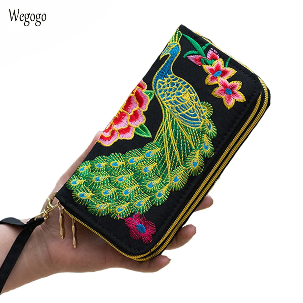 

Vintage Women Day Cluth Embroidery Wallet Flower Embroidered Long Purse 2 Layer Zipper Ethnic Phone Small Totes Beach Coin Bags