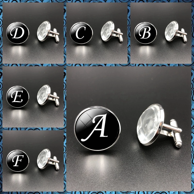 

2019 Glass Cabochon Black Letter A-Z Simple Letter Metal Secret Silver Cufflinks Men's Gift Cufflinks Jewelry