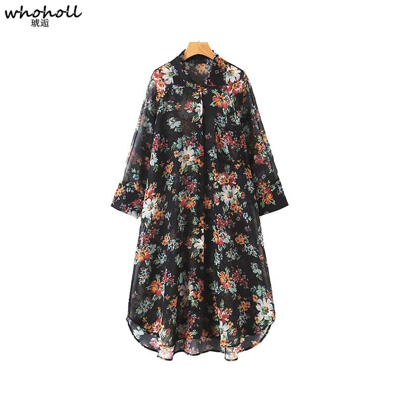 

Vadim Women Floral Print Long Style Blouse Turn Down Collar Long Sleeve Female Casual Shirt Summer See Through Tops Blusas Lb289