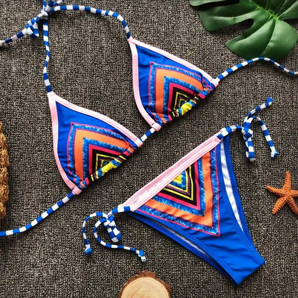 Women Flamingos Printed Tankini Bandage Bikinis Set Low Waist Swimwear Fold Bathing Suit Padded Biquinis maillot de bain femme L