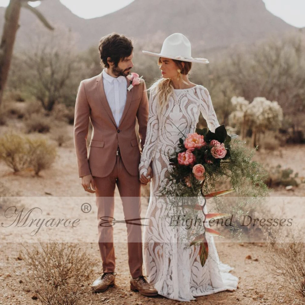Mryarce 2019 Unique Bride Bohemian Wedding Dress Full lace Open Back Long Sleeves Boho Chic Modern Bridal Gowns  (2)