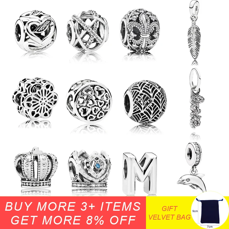 

925 Sterling Silver Bead Charm Multi style Crown Dolpin Dnagle Charms Fit Original Bracelets for Women DIY Jewelry