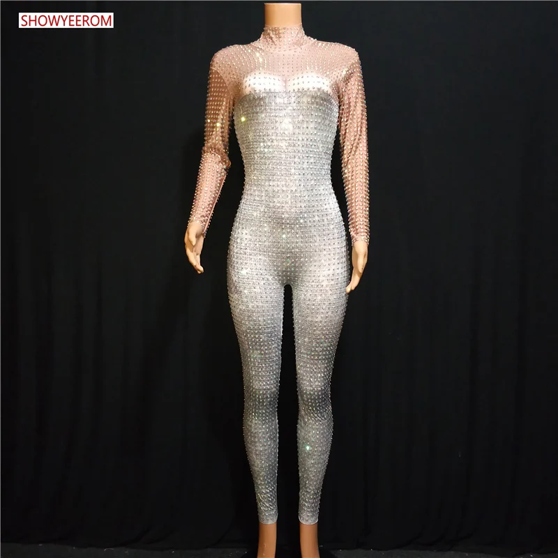 

Bright Crystals Jumpsuit Women Sexy Outfit Party Prom Costumes Stage Wear Body Suits Dance Nightclub Singer Rhinestone Rompers