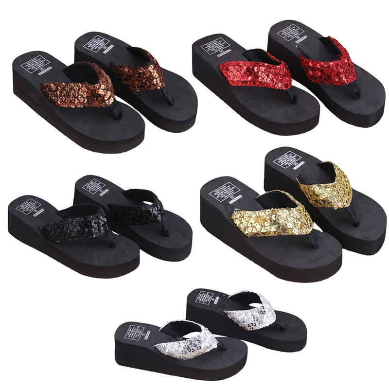 

THINKTHENDO New 1Pair Comfortable Summer Soft Women Wedge Sandals Sequin Thong Mid Heels Platform Slippers