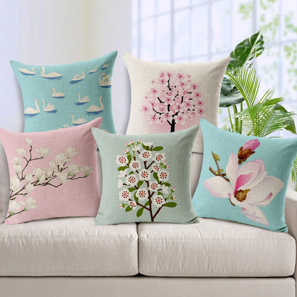 Pastoral Pink Floral Cushion Cover Plants Flowers Blossom Tree Swan Cushion Covers Sofa Throws