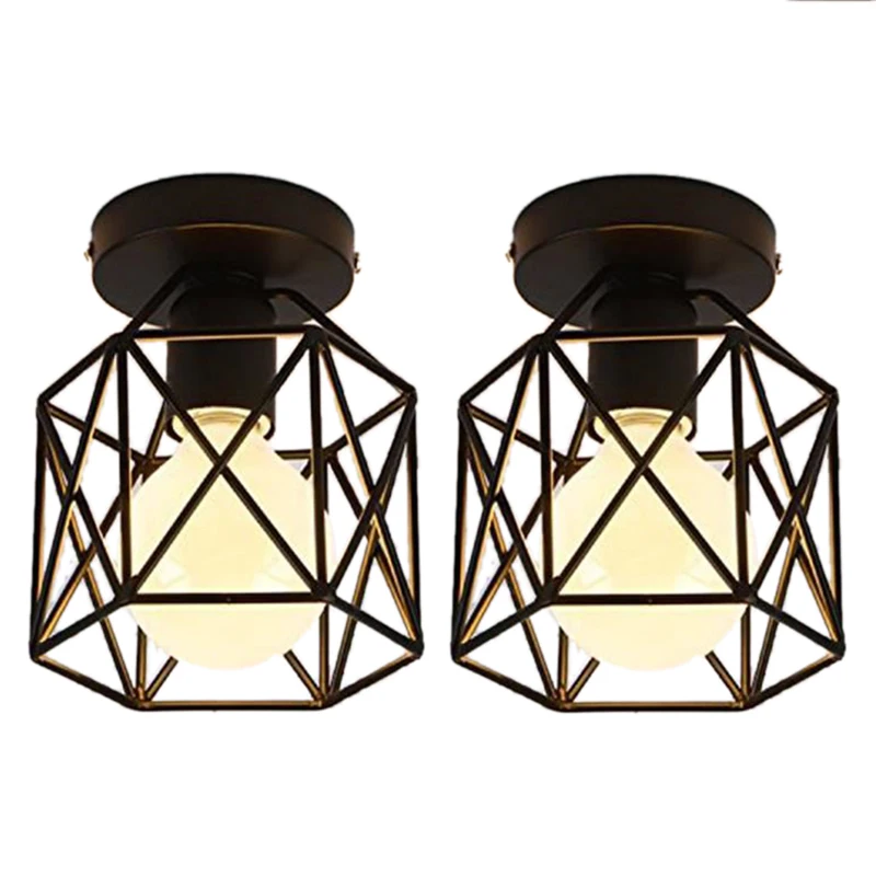 

2 Pcs Ceiling Light Industrial Square Cage Metal Iron Retro Chandelier Suspension Light Fixture For Hallway, Entrance, Drivewa