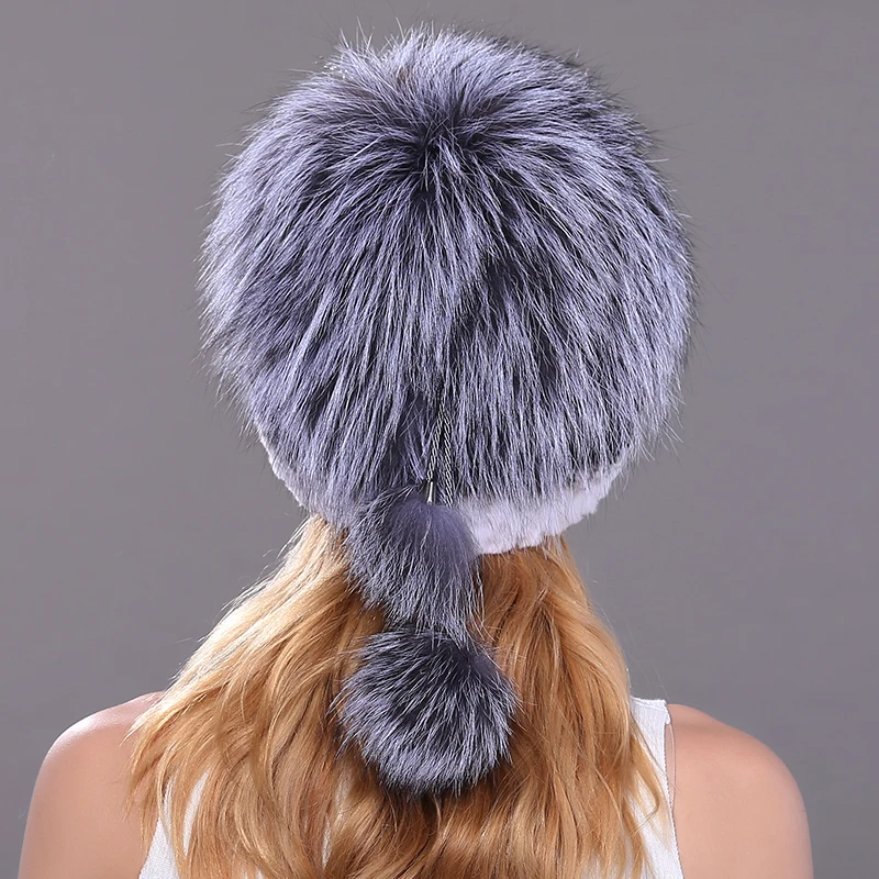 Зимняя меховая шапка для женщин Настоящий мех кролика с лисьим мехом помпоны