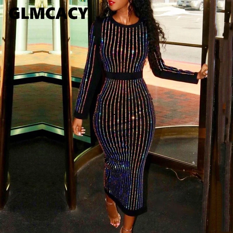 

Women Elegant Barocco Runway Long Sleeve Autumn Maxi Dress Ladies Sexy Rhinestone Diamond Embellished Bodycon Long Dress