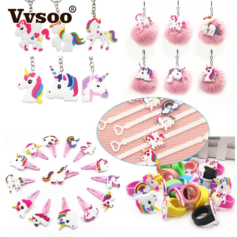 

Vvsoo 12pcs Unicorn Party PVC Bracelet/Ring/Keychain/Hairclip Birthday Party Decorations Kid Favors Unicorn Decor Party Supplies