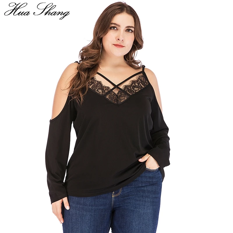 Plus Size Ladies Tops Elegant Cross Lace V Neck Long Sleeve Off