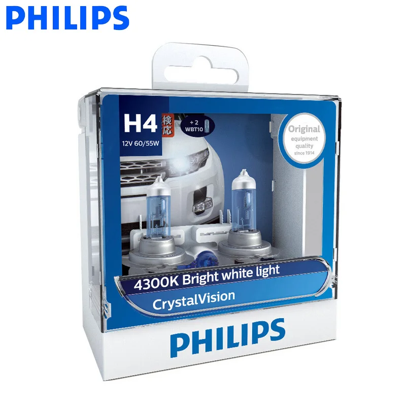 

Philips H1 H4 H7 H11 9005 9006 12V Crystal Vision 4300K Bright White Light Halogen Auto Headlight Fog Lamps + 2x T10 Bulbs, Pair