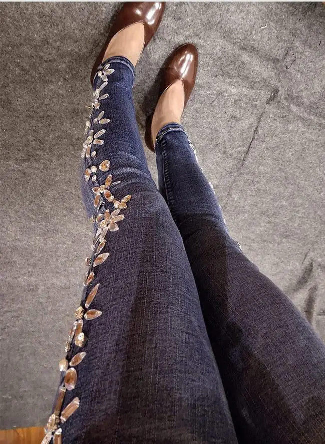 Размера плюс 26-32! Бисером Стразы укороченные женские джинсы с высокой талией, украшенные жемчугом, стразами, обтягивающие Джеггинсы длиной до щиколотки