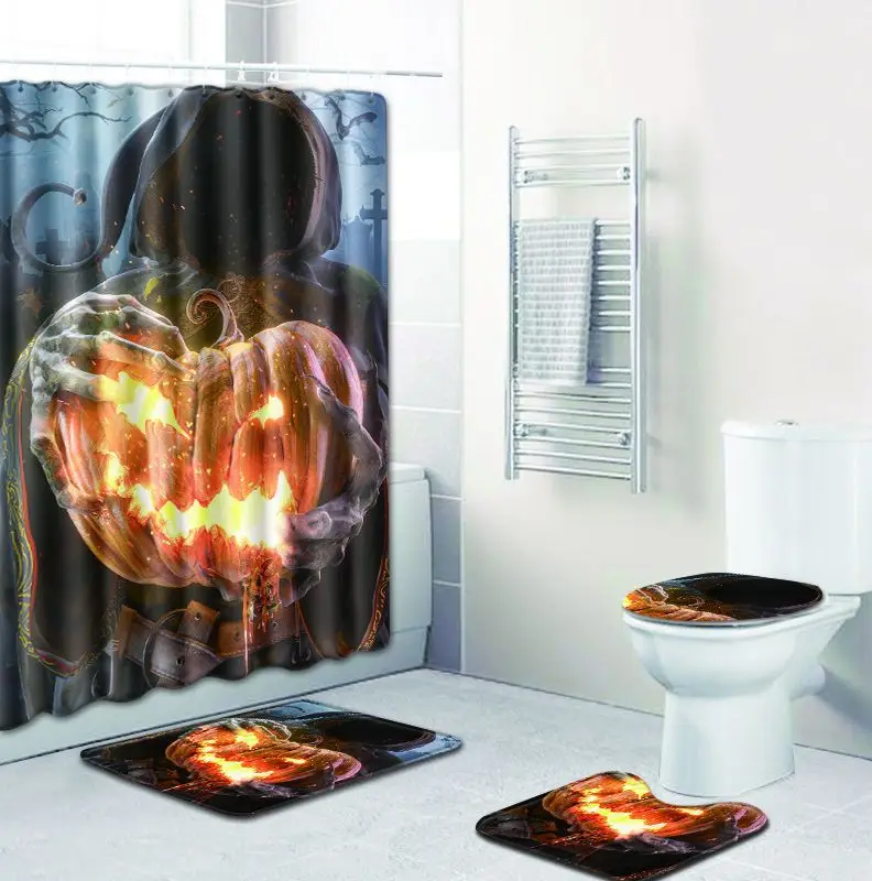 

Fleece India Home Decor Bath Mat Set Halloween 4pcs/set Waterproof Bathroom Shower Curtain and Rugs Set with Hooks 3D Blanket