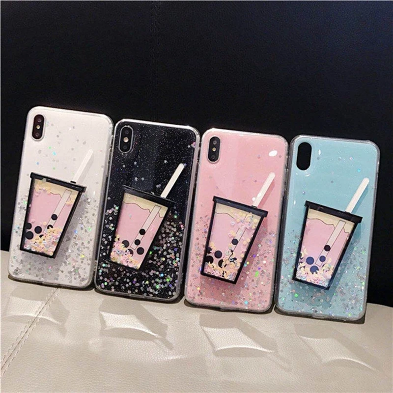 

Tfshining Cute 3D Pearl Milk Tea Drink Glitter Phone Case For iPhone X XR XS Max 7 8 6 6s Plus Soft Silicone TPU Back Cover Capa