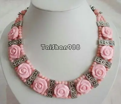 FREE SHIPPING>>@> Hot sale HOT>>>>>3 offers Pink Coral Flower Pendant Tibetan Silver Clasp Necklace