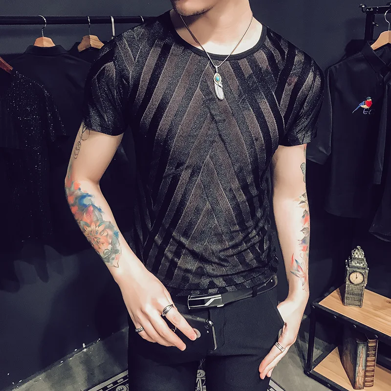 

Hit men T-shirt 2019 tough wind summer new fashion men's T-shirt hollow-out gauze short sleeve Business fashion t-shirt man hot