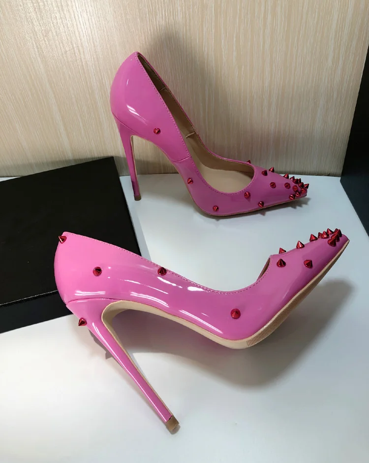 Veowalk/красные женские пикантные туфли на высоком каблуке с заклепками, с острым носком, без шнуровки, панк-шпильки, модные женские Клубные вечерние туфли-лодочки, свадебные туфли розового цвета - Цвет: Rose 8cm Heels