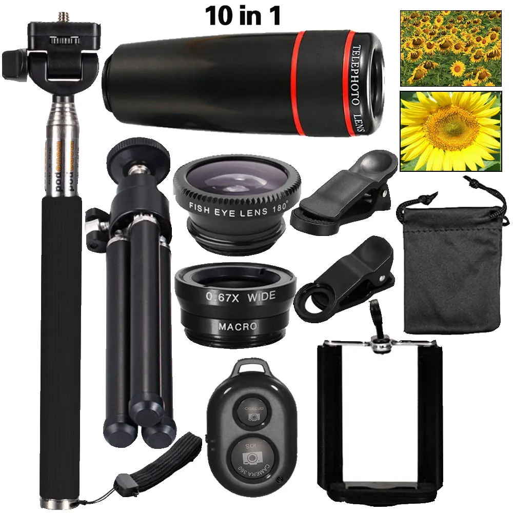 bilder für 2016 neue 10in1 Handy-kamera-objektiv Kit 8x Teleobjektiv + Breite + Makroobjektiv + Fischauge + Selfie Stick Einbeinstativ + Mini Stativ bilder für 2016 neue 10in1 Handy-kamera-objektiv Kit 8x Teleobjektiv + Breite + Makroobjektiv + Fischauge + Selfie Stick Einbeinstativ + Mini Stativ