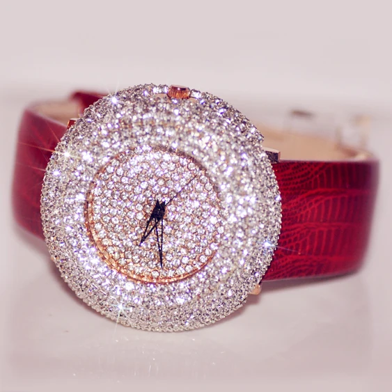 

High- Grade Full Diamond Watch Austria Crystal hours clock Big Dial Dress watch Ladies Genuine Leather Wristwatch Free shipping