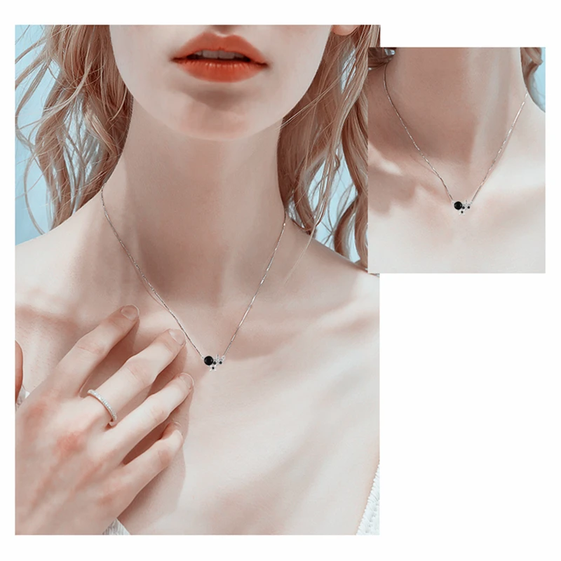 [BLACK AWN] Trendy Silver Color Necklace for Women Flower Black Spinel Necklaces Pendants Fashion Jewelry K035